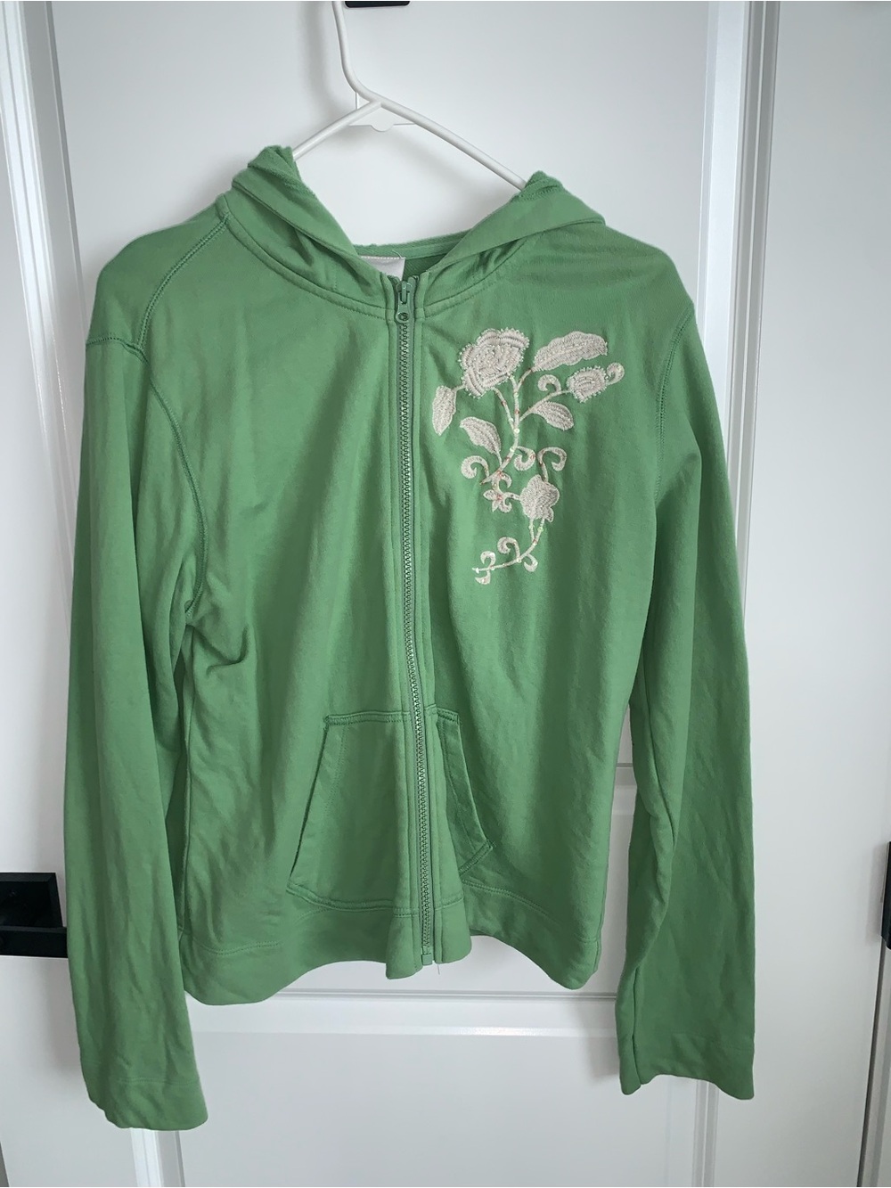 Romeo & Juliet Couture Green Zip-Up Hoodie with Cream Floral Sequined Embroidery